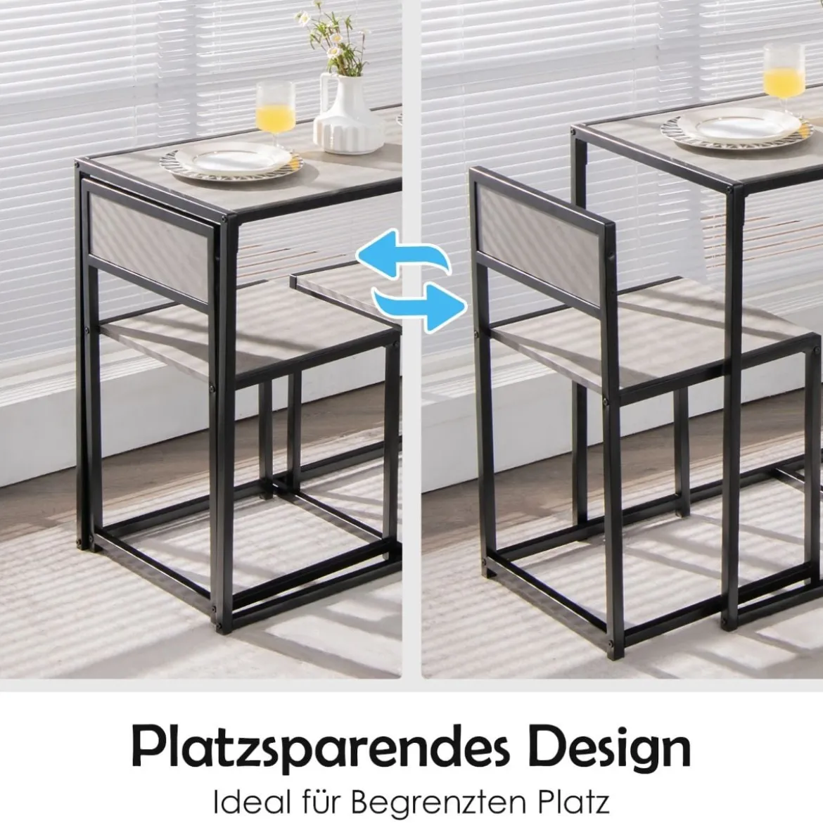 3 tlg. Küchentischset mit Kompakttisch & 2 Stühlen Holzwerkstoffe + Metall Grau