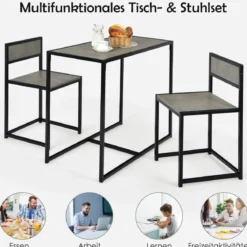 3 tlg. Küchentischset mit Kompakttisch & 2 Stühlen Holzwerkstoffe + Metall Grau