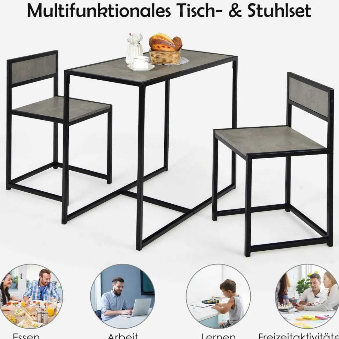 3 tlg. Küchentischset mit Kompakttisch & 2 Stühlen Holzwerkstoffe + Metall Grau