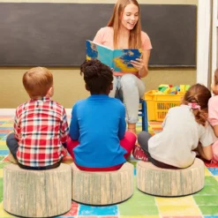 3 tlg. Kinder Baumstumpf Hocker Set mit Holzmuster & Unterschiedliche Höhen Bodenkissen Grün