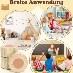 3 tlg. Kinder Baumstumpf Hocker Set mit Holzmuster & Unterschiedliche Höhen Bodenkissen Grün