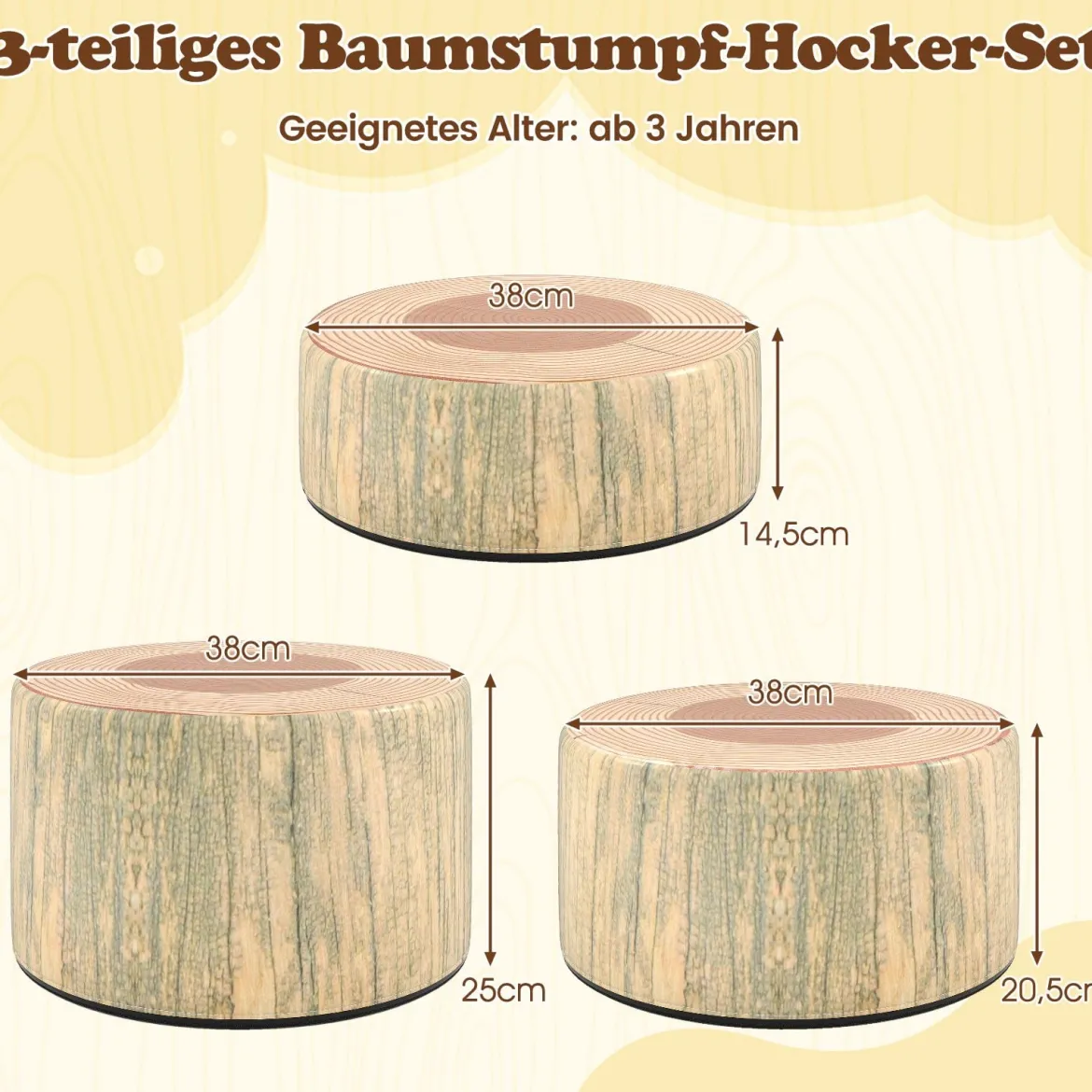 3 tlg. Kinder Baumstumpf Hocker Set mit Holzmuster & Unterschiedliche Höhen Bodenkissen Grün