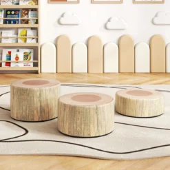 3 tlg. Kinder Baumstumpf Hocker Set mit Holzmuster & Unterschiedliche Höhen Bodenkissen Grün