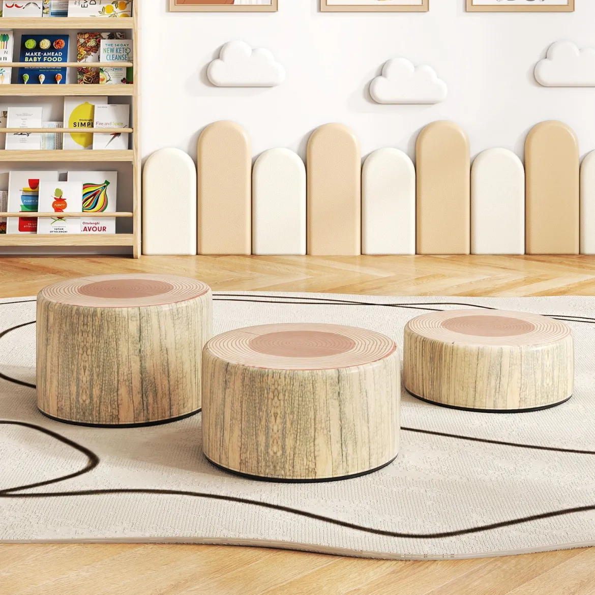 3 tlg. Kinder Baumstumpf Hocker Set mit Holzmuster & Unterschiedliche Höhen Bodenkissen Grün