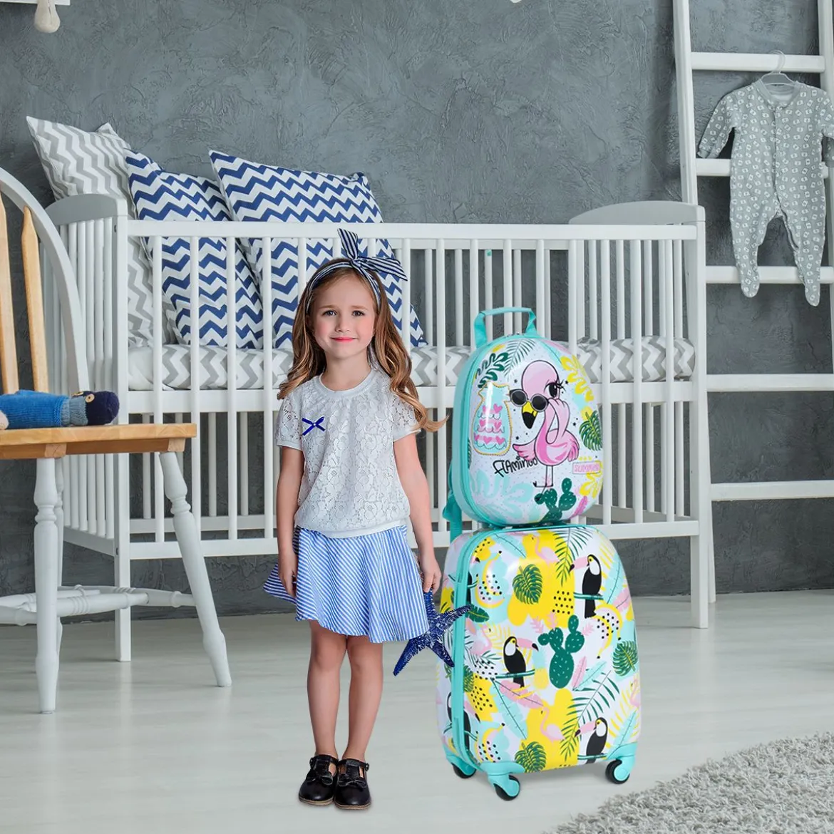 2 tlg Kindergepäck Flamingosblid Reisekoffer Kinderkoffer + Rucksack Blau