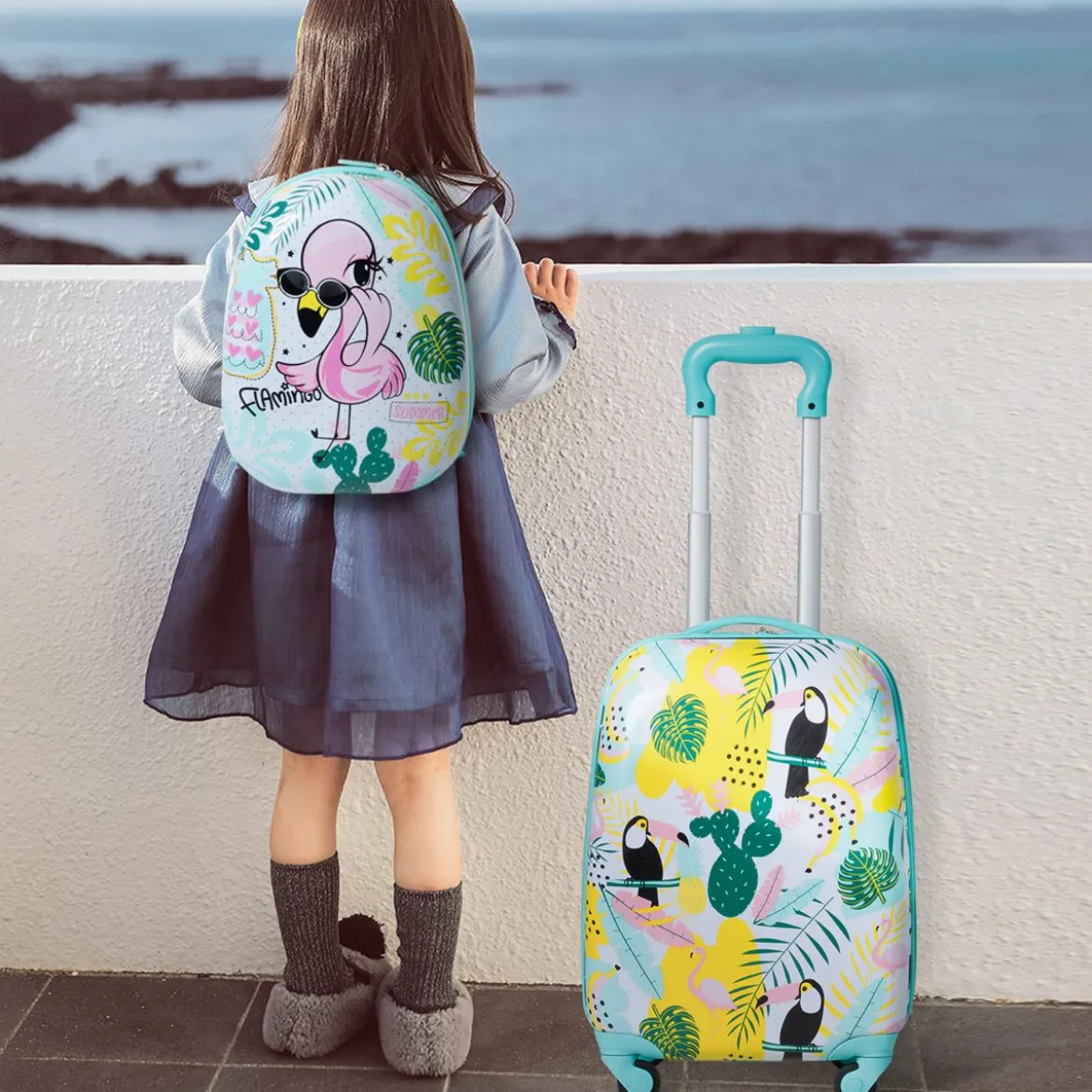 2 tlg Kindergepäck Flamingosblid Reisekoffer Kinderkoffer + Rucksack Blau