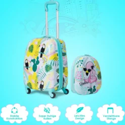 2 tlg Kindergepäck Flamingosblid Reisekoffer Kinderkoffer + Rucksack Blau