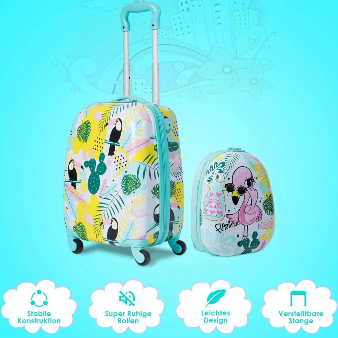 2 tlg Kindergepäck Flamingosblid Reisekoffer Kinderkoffer + Rucksack Blau