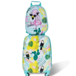 2 tlg Kindergepäck Flamingosblid Reisekoffer Kinderkoffer + Rucksack Blau