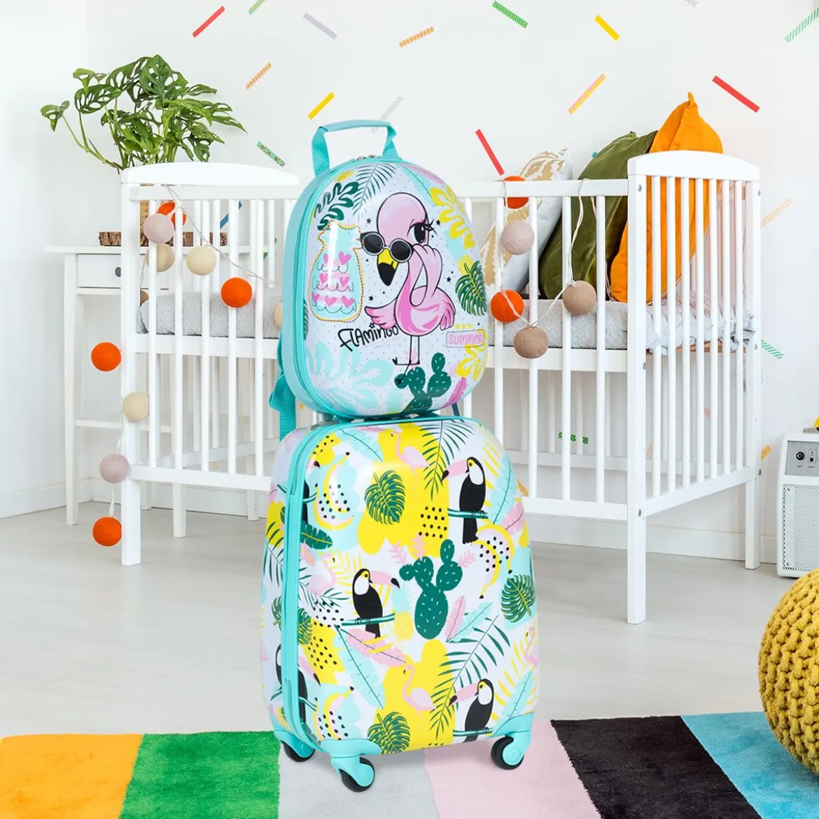 2 tlg Kindergepäck Flamingosblid Reisekoffer Kinderkoffer + Rucksack Blau