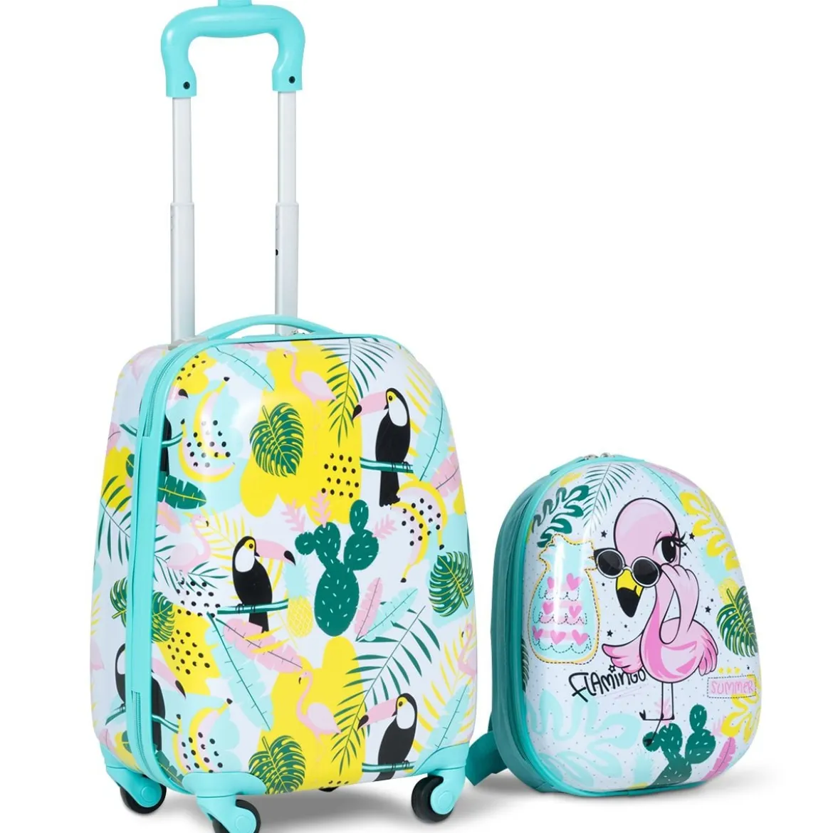 2 tlg Kindergepäck Flamingosblid Reisekoffer Kinderkoffer + Rucksack Blau