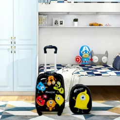 2 tlg Kindergepäck Monstersbild Reisekoffer Kinderkoffer + Rucksack Schwarz