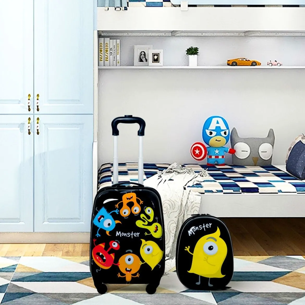 2 tlg Kindergepäck Monstersbild Reisekoffer Kinderkoffer + Rucksack Schwarz