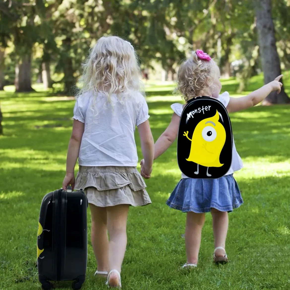 2 tlg Kindergepäck Monstersbild Reisekoffer Kinderkoffer + Rucksack Schwarz