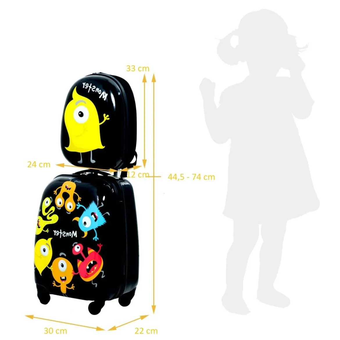 2 tlg Kindergepäck Monstersbild Reisekoffer Kinderkoffer + Rucksack Schwarz