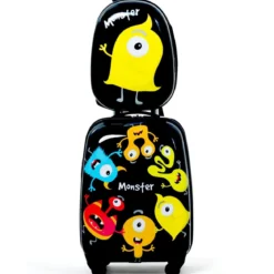 2 tlg Kindergepäck Monstersbild Reisekoffer Kinderkoffer + Rucksack Schwarz