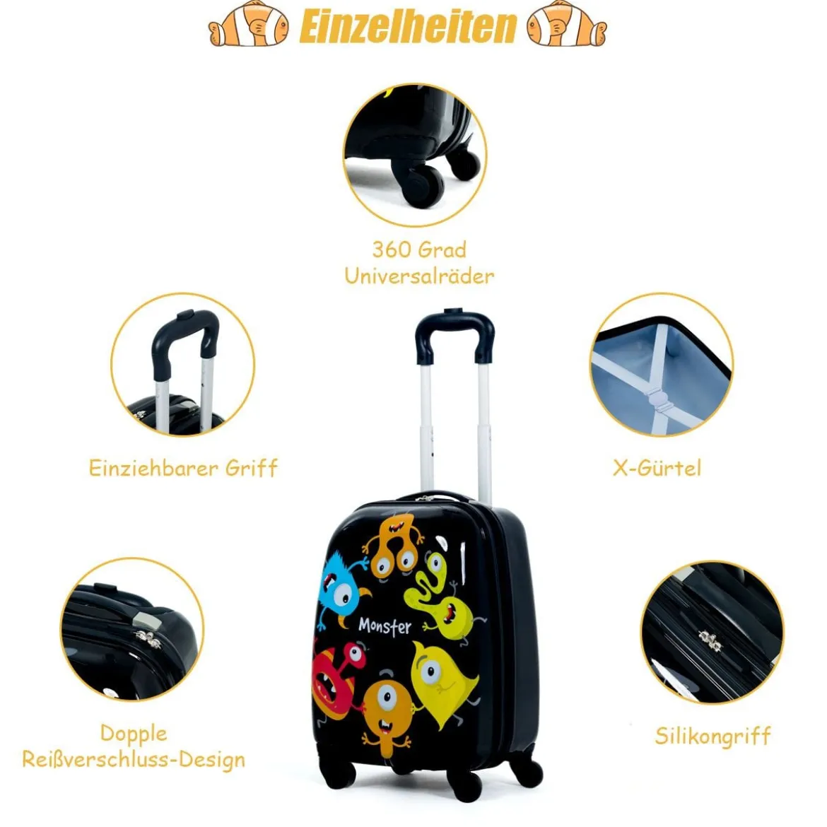 2 tlg Kindergepäck Monstersbild Reisekoffer Kinderkoffer + Rucksack Schwarz