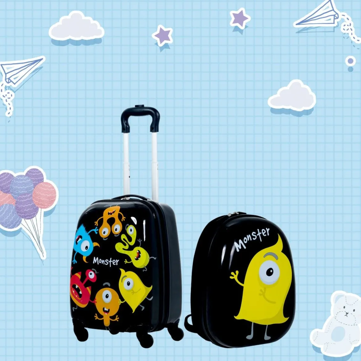 2 tlg Kindergepäck Monstersbild Reisekoffer Kinderkoffer + Rucksack Schwarz