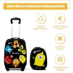 2 tlg Kindergepäck Monstersbild Reisekoffer Kinderkoffer + Rucksack Schwarz