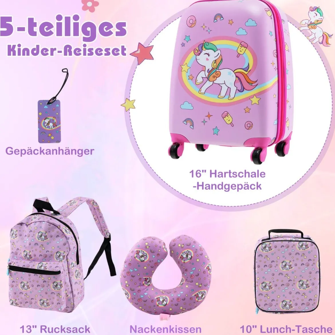 5tlg. Kindergepäckset 16-Zoll-Rollkoffer mit Rucksack & Nackenkissen & Gepäckanhänger & Lunchbox