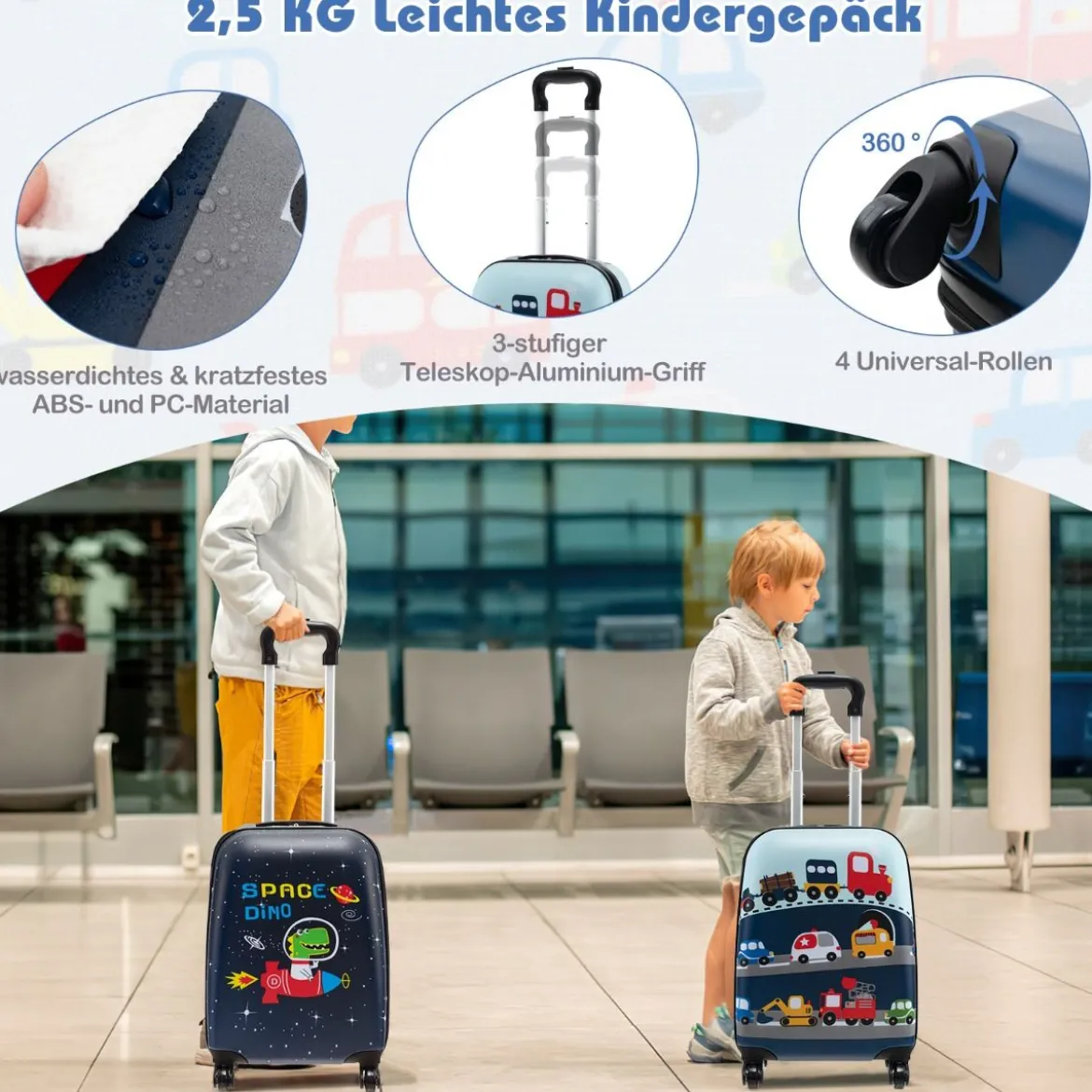 5tlg. Kindergepäckset 16-Zoll-Rollkoffer mit Rucksack & Nackenkissen & Gepäckanhänger & Lunchbox