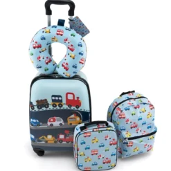 5tlg. Kindergepäckset 16-Zoll-Rollkoffer mit Rucksack & Nackenkissen & Gepäckanhänger & Lunchbox