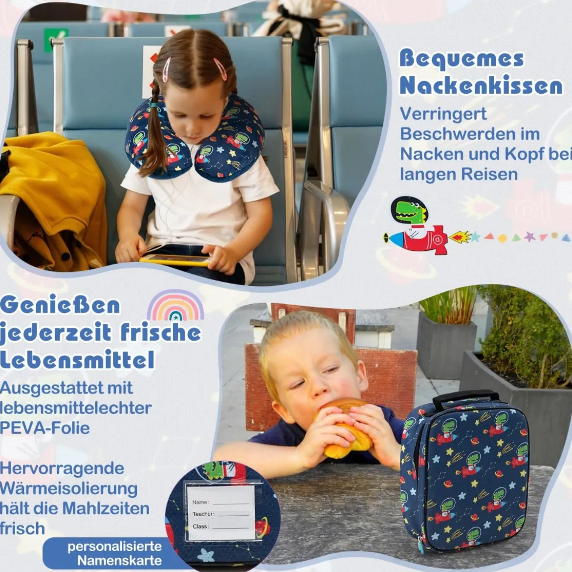 5tlg. Kindergepäckset 16-Zoll-Rollkoffer mit Rucksack & Nackenkissen & Gepäckanhänger & Lunchbox