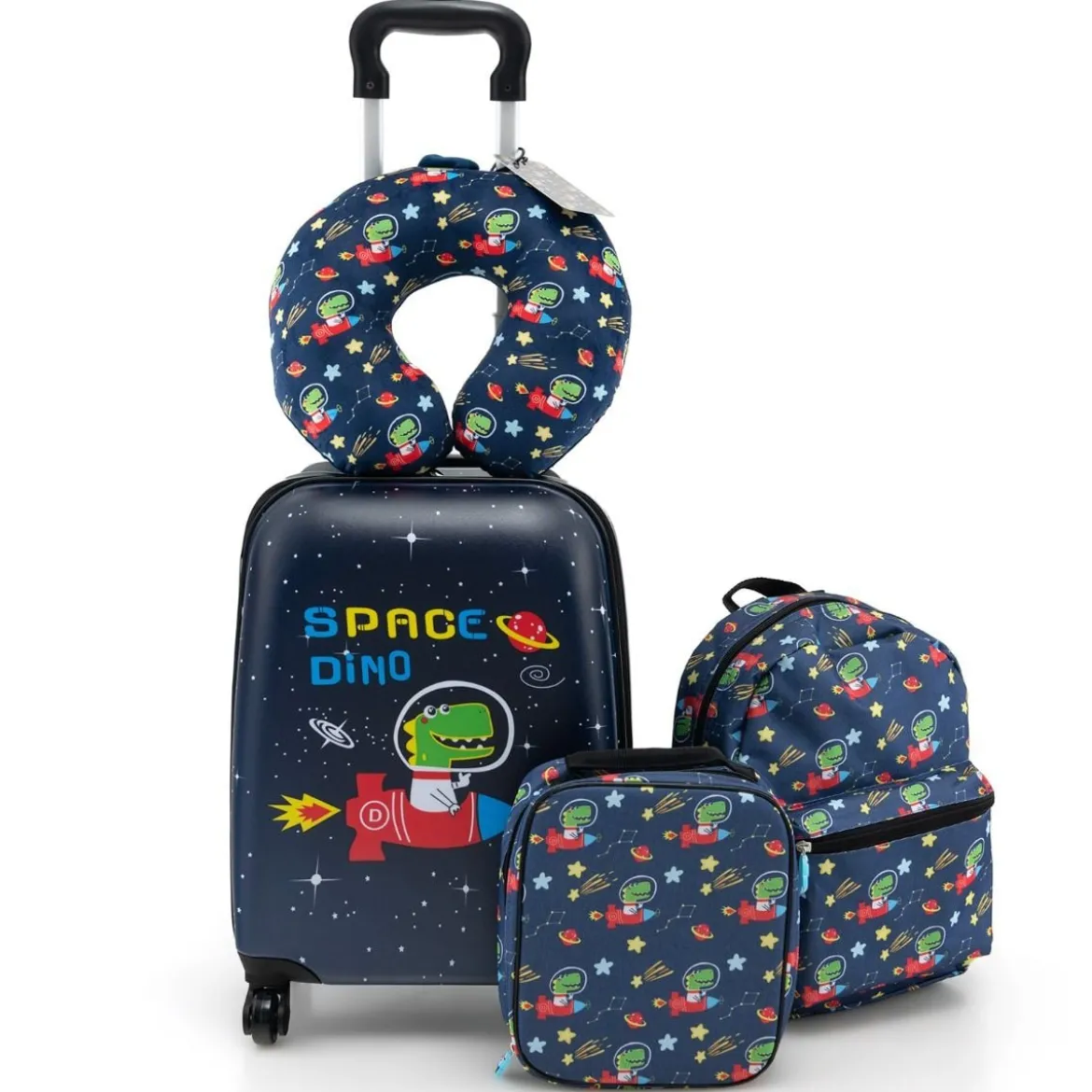 5tlg. Kindergepäckset 16-Zoll-Rollkoffer mit Rucksack & Nackenkissen & Gepäckanhänger & Lunchbox
