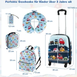 5tlg. Kindergepäckset 16-Zoll-Rollkoffer mit Rucksack & Nackenkissen & Gepäckanhänger & Lunchbox