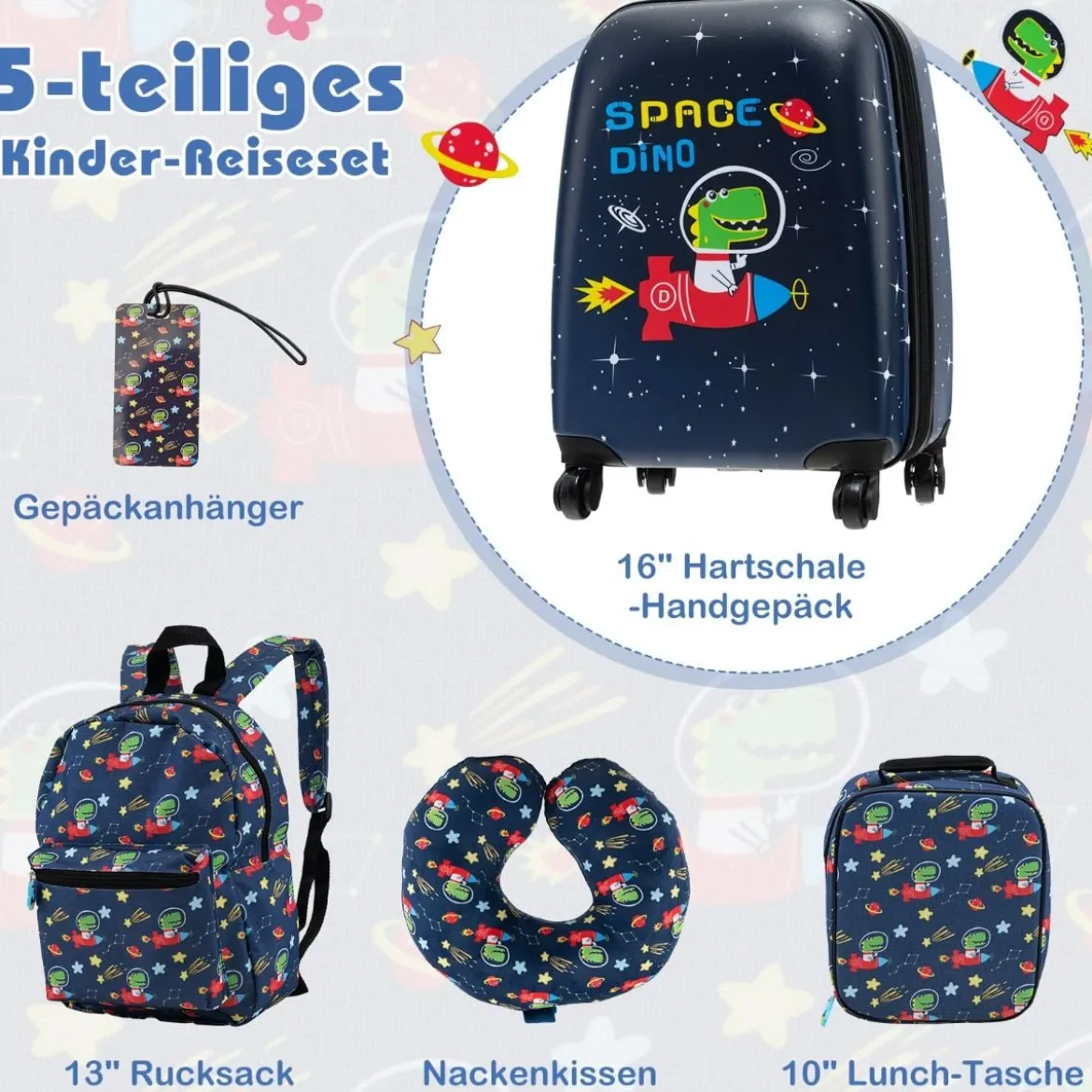 5tlg. Kindergepäckset 16-Zoll-Rollkoffer mit Rucksack & Nackenkissen & Gepäckanhänger & Lunchbox