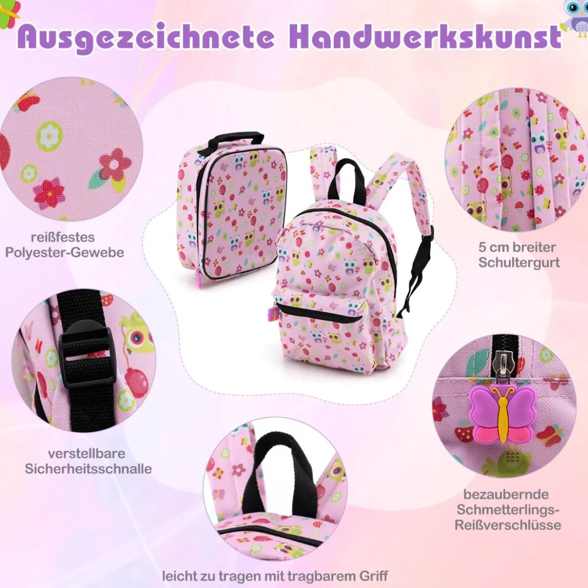 5tlg. Kindergepäckset 16-Zoll-Rollkoffer mit Rucksack & Nackenkissen & Gepäckanhänger & Lunchbox