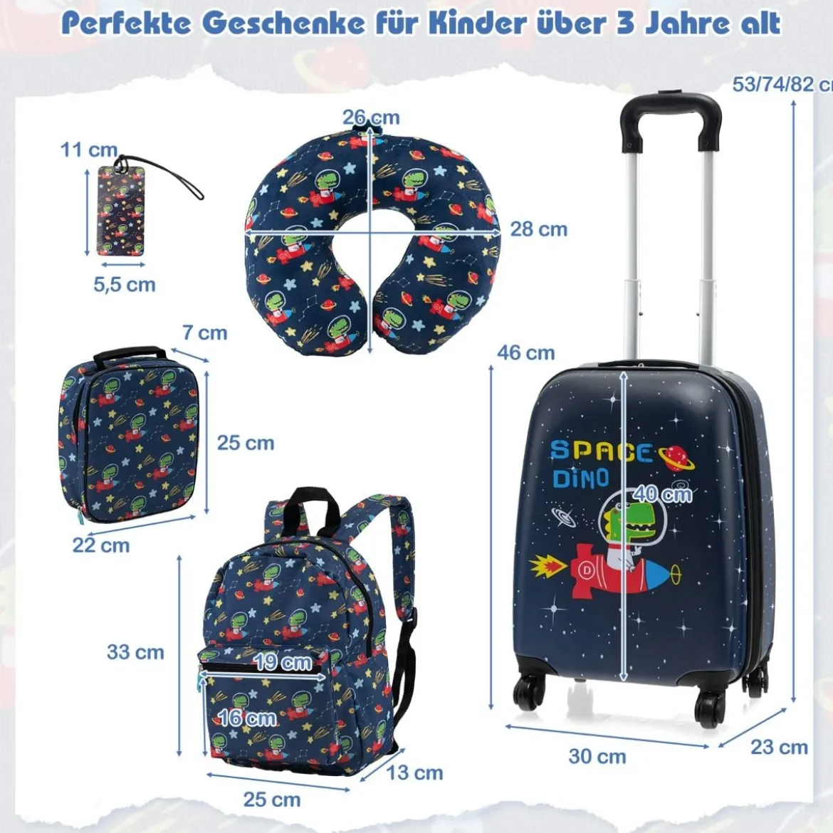 5tlg. Kindergepäckset 16-Zoll-Rollkoffer mit Rucksack & Nackenkissen & Gepäckanhänger & Lunchbox