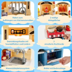 42 TLG. Kinderküche inkl. Zubehör Spielküche mit Lichter & Dampf & Musik & Sound Blau