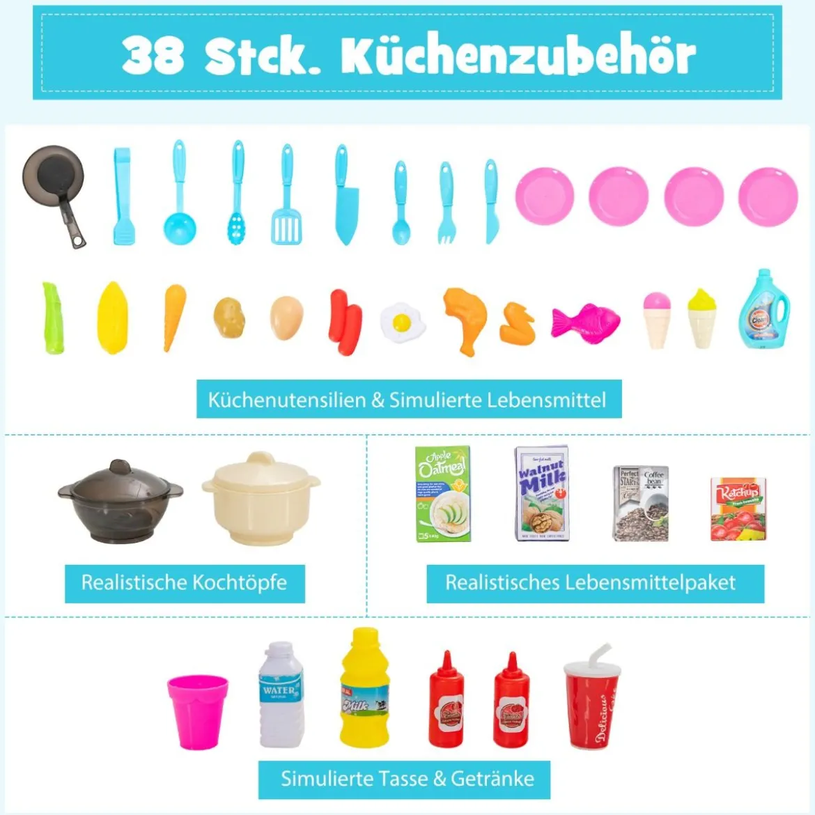 38 TLG. Kinderküche mit Lichter Kinderspielküche mit Wasserpumpe Rosa