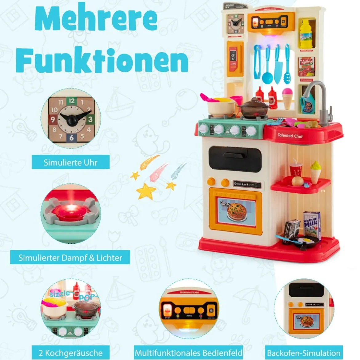 38 TLG. Kinderküche mit Lichter Kinderspielküche mit Wasserpumpe Rosa