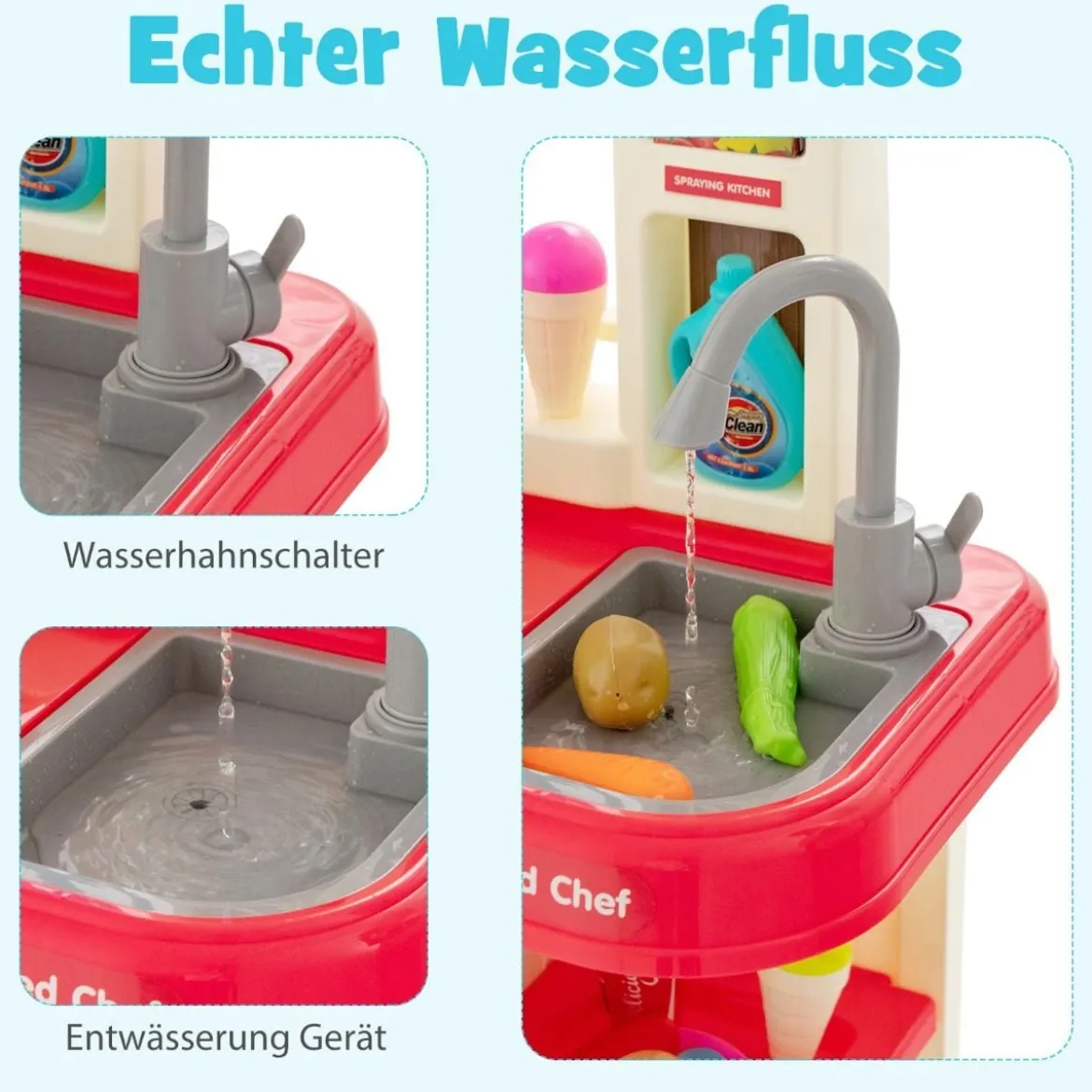 38 TLG. Kinderküche mit Lichter Kinderspielküche mit Wasserpumpe Rosa