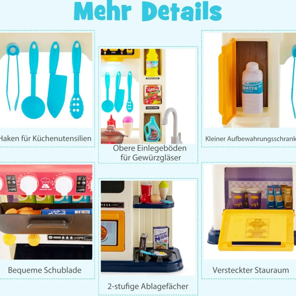 38 TLG. Kinderküche mit Lichter Kinderspielküche mit Wasserpumpe Blau