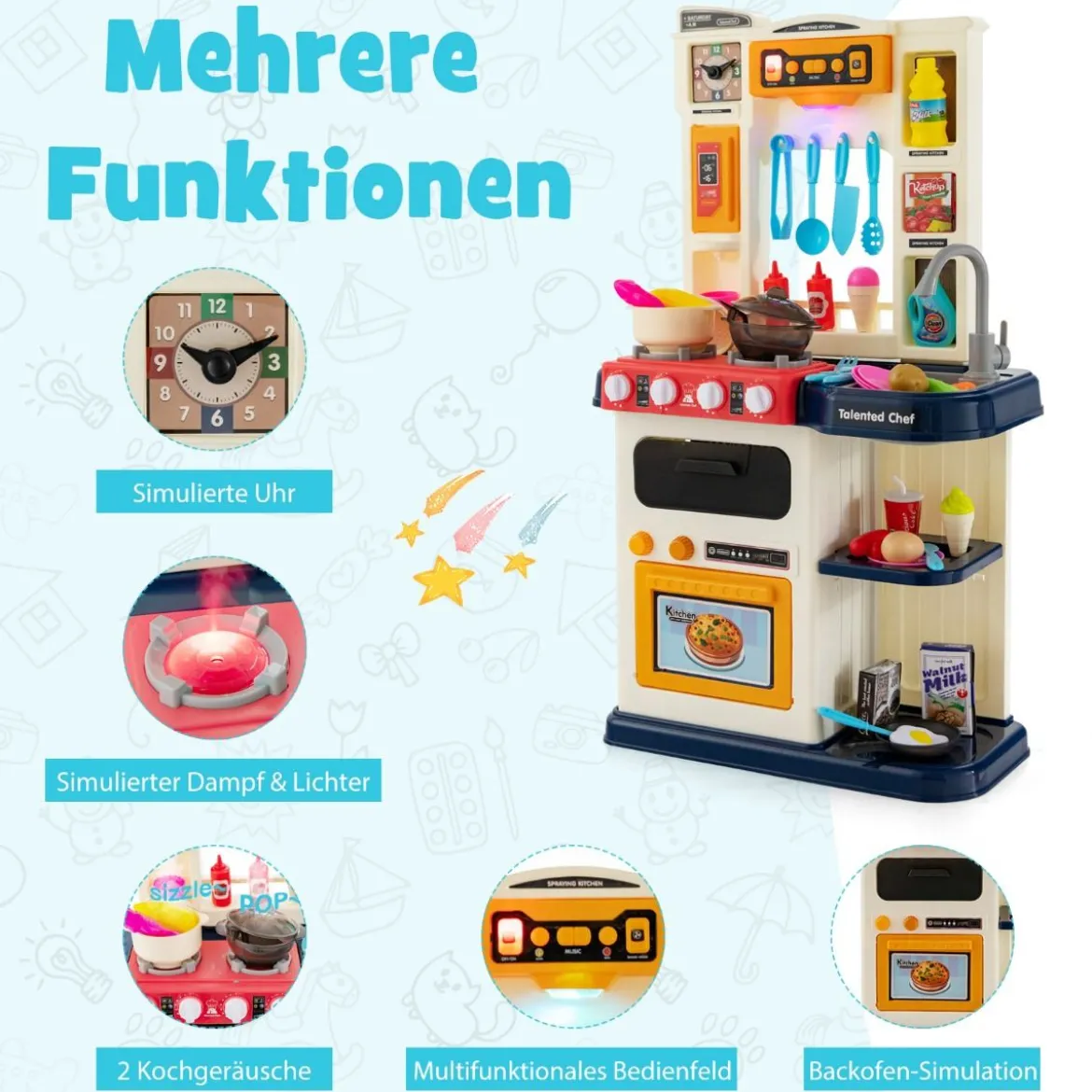 38 TLG. Kinderküche mit Lichter Kinderspielküche mit Wasserpumpe Blau