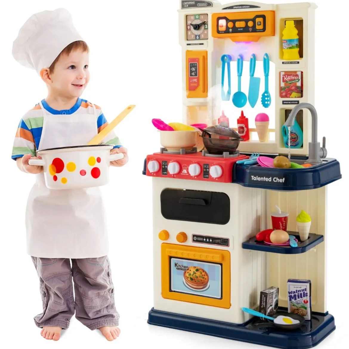 38 TLG. Kinderküche mit Lichter Kinderspielküche mit Wasserpumpe Blau