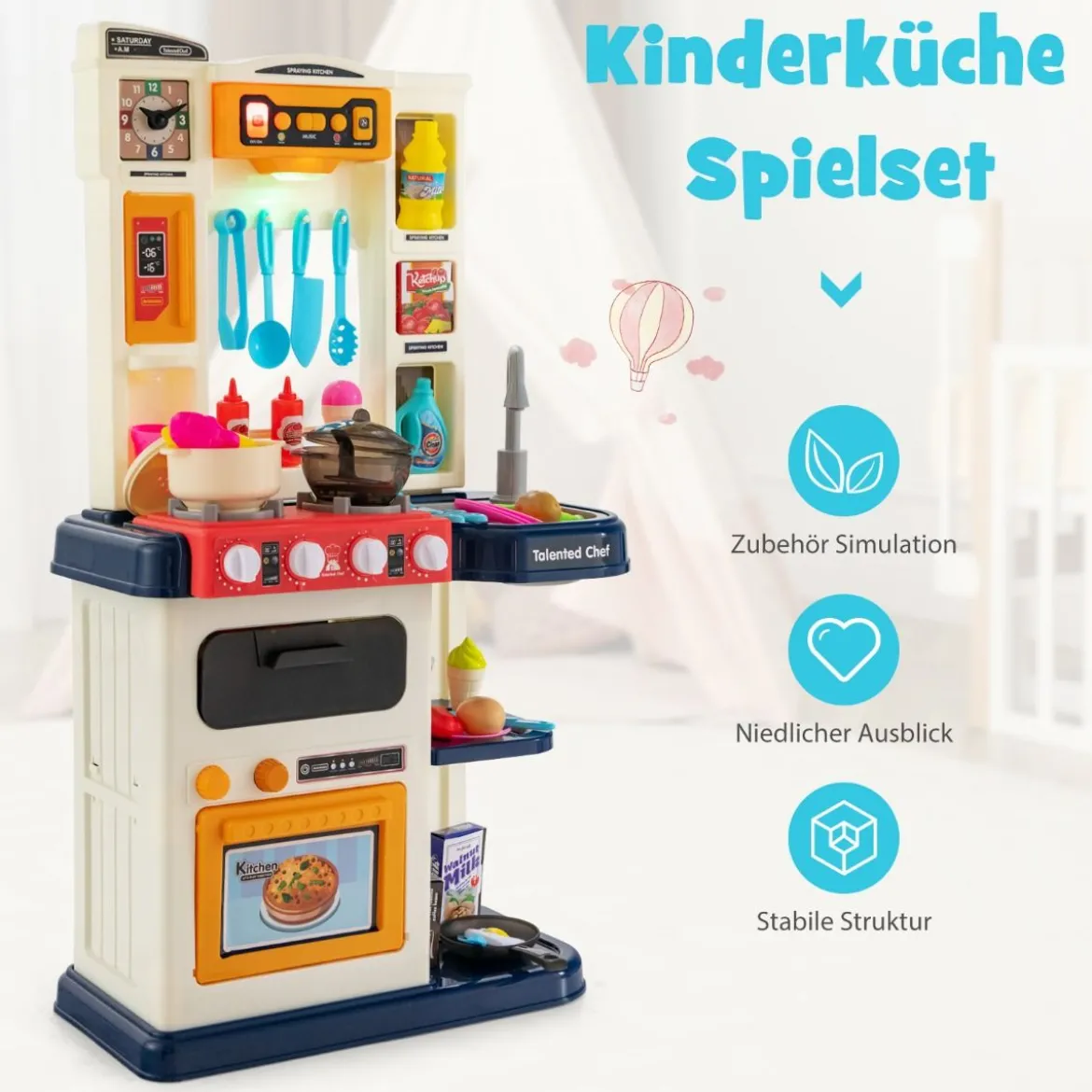 38 TLG. Kinderküche mit Lichter Kinderspielküche mit Wasserpumpe Blau