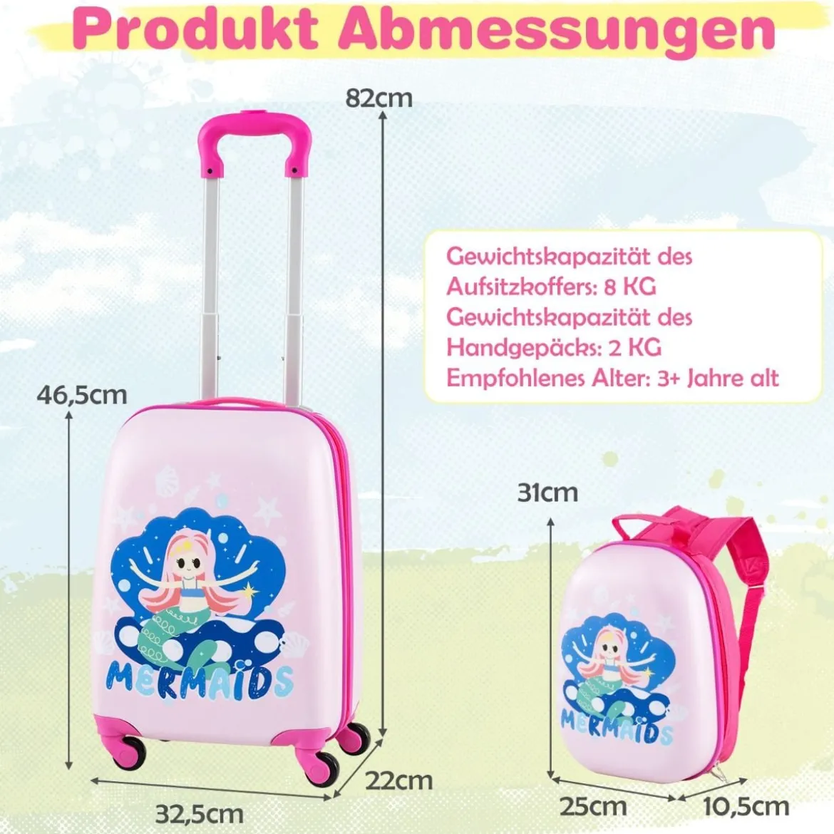 2tlg Kinderkoffer + Rucksack aus Kunststoff Kindertrolley Kindergepäck 12"+16" Mermaid