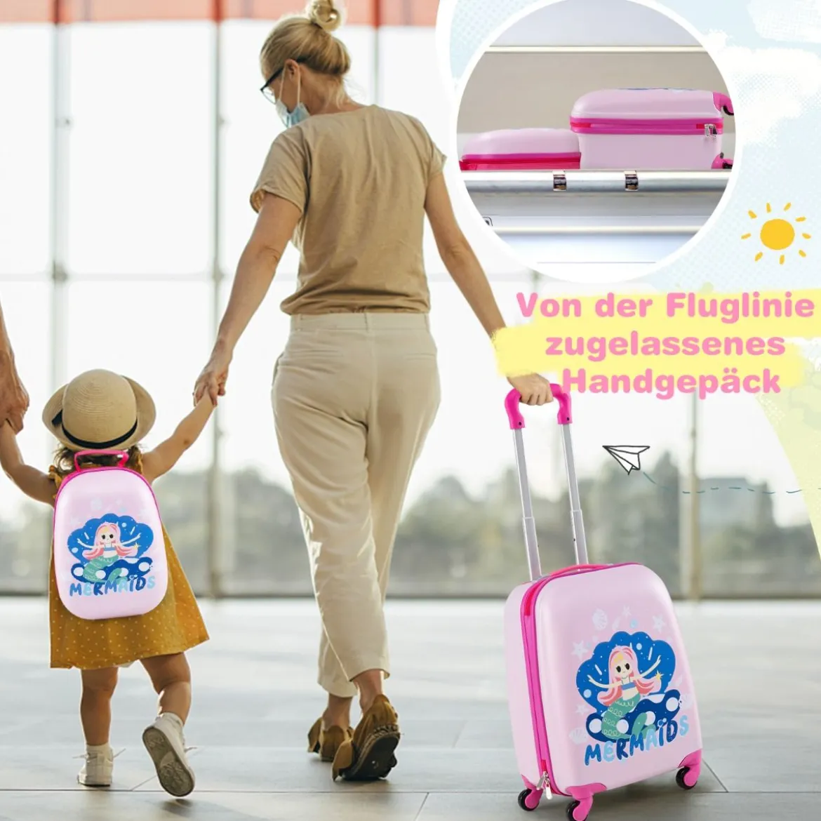 2tlg Kinderkoffer + Rucksack aus Kunststoff Kindertrolley Kindergepäck 12"+16" Mermaid
