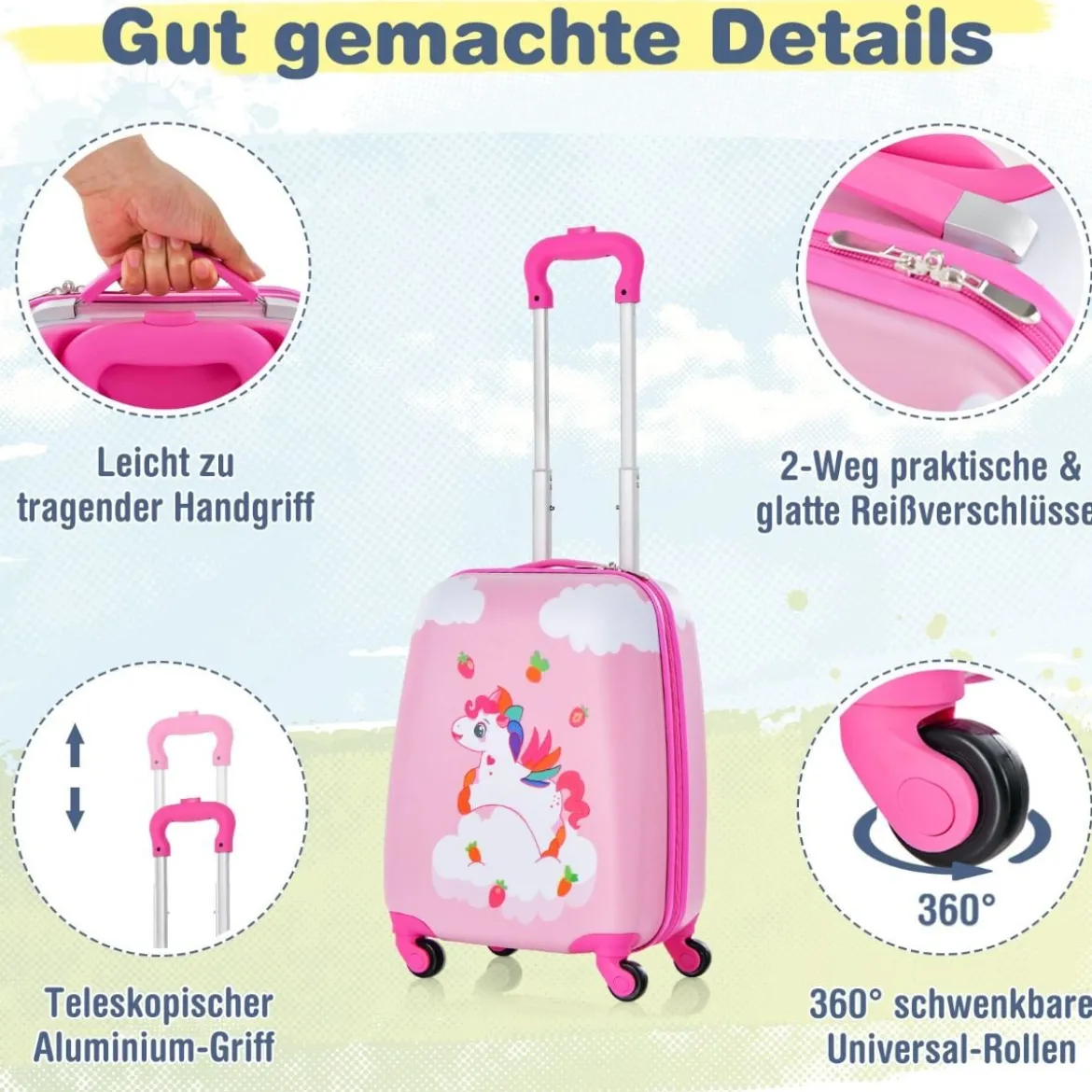 2tlg Kinderkoffer + Rucksack aus Kunststoff Kindertrolley Kindergepäck 12"+16" Rosa Unicorn