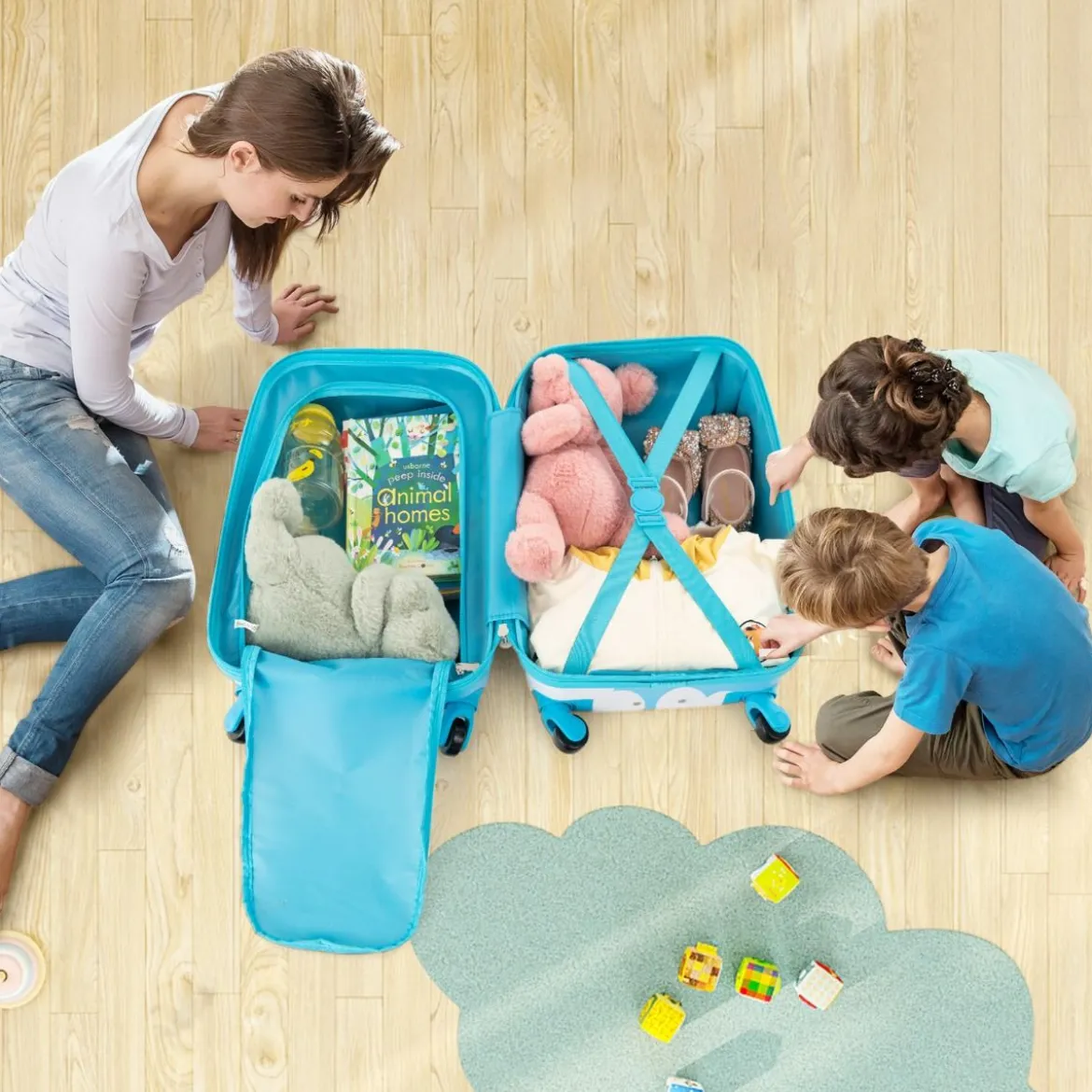 2tlg Kinderkoffer + Rucksack aus Kunststoff Kindertrolley Kindergepäck 12"+16" Blau Pferd