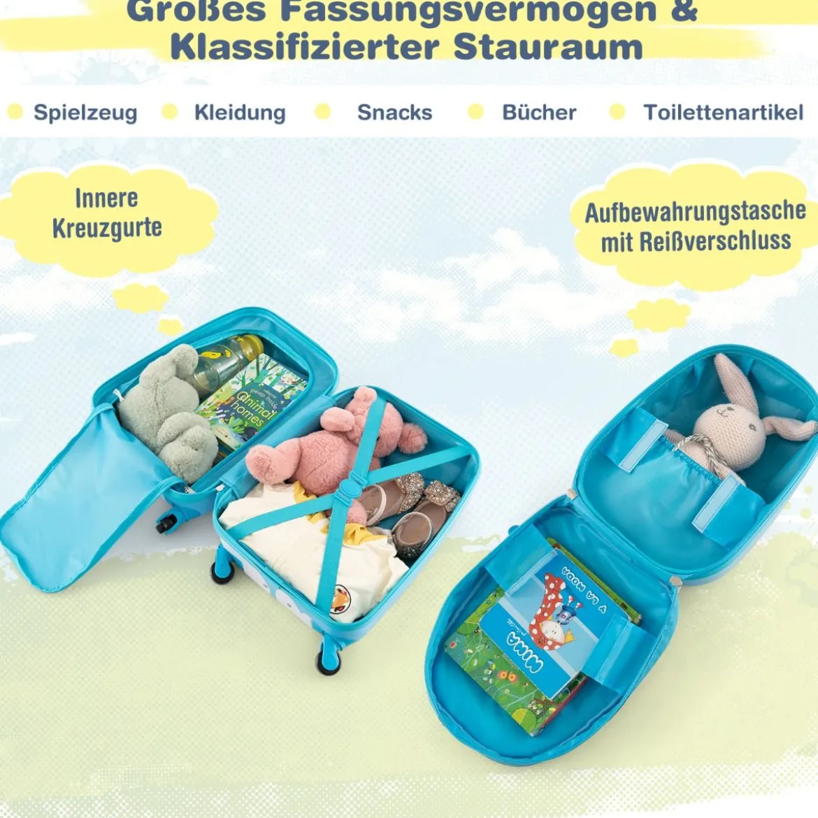 2tlg Kinderkoffer + Rucksack aus Kunststoff Kindertrolley Kindergepäck 12"+16" Blau Pferd