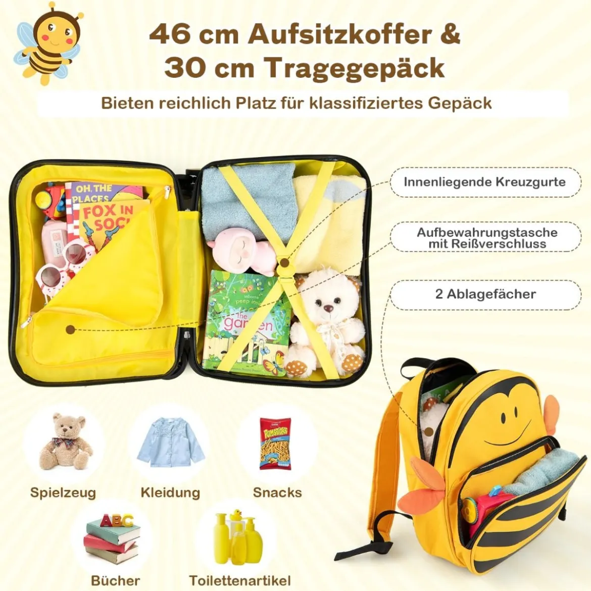 2tlg Kinderkoffer + Rucksack 47 cm Langer Aufsitzkoffer und 30 cm Breiter Rucksack Gelb