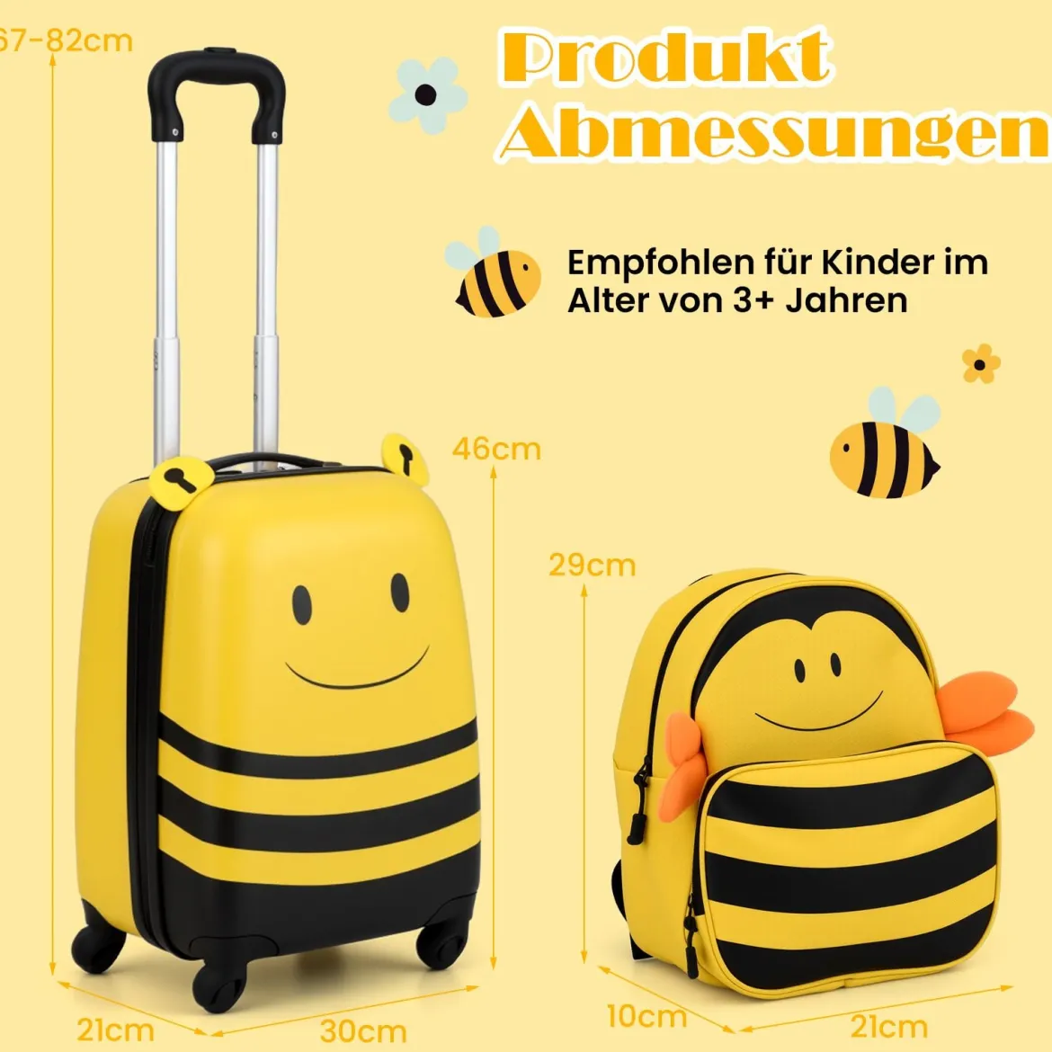 2tlg Kinderkoffer + Rucksack 12”+16” Kindertrolley Kindergepäck mit Anti-Verlust-Seil Bienen