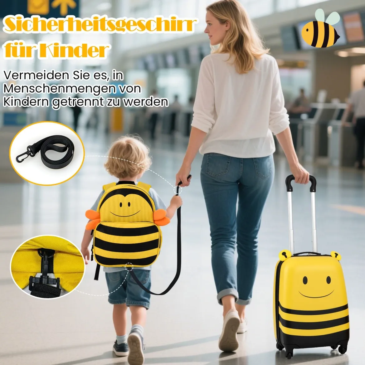 2tlg Kinderkoffer + Rucksack 12”+16” Kindertrolley Kindergepäck mit Anti-Verlust-Seil Bienen