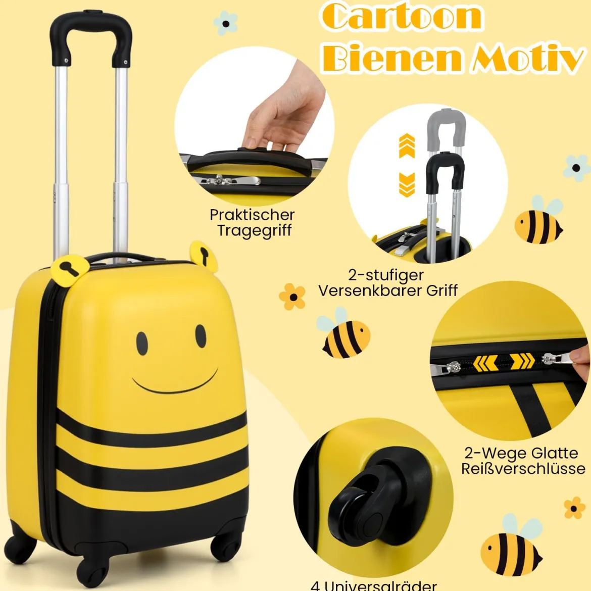 2tlg Kinderkoffer + Rucksack 12”+16” Kindertrolley Kindergepäck mit Anti-Verlust-Seil Bienen