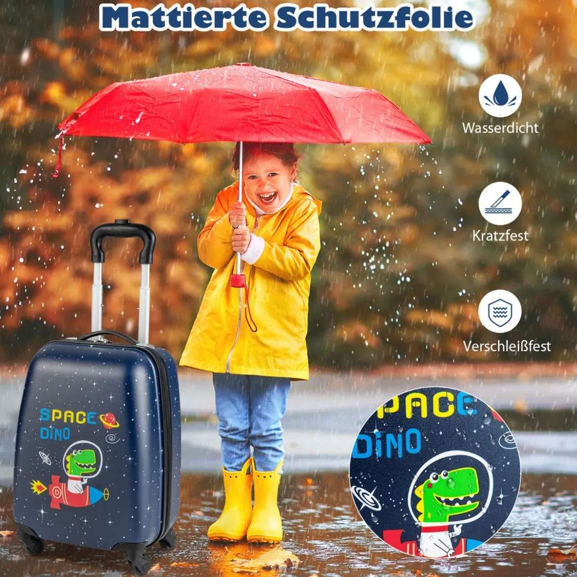 2 tlg Kinderkoffer + Rucksack Kindertrolley aus Kunststoff Kinder Kofferset Weltraum-Dinosaurier